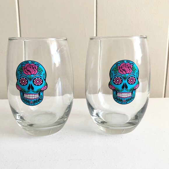 Aqua Blue Sugar Skull Stemless Wine Glasses Set of 2 Day of The Dead - Picture 2 of 4